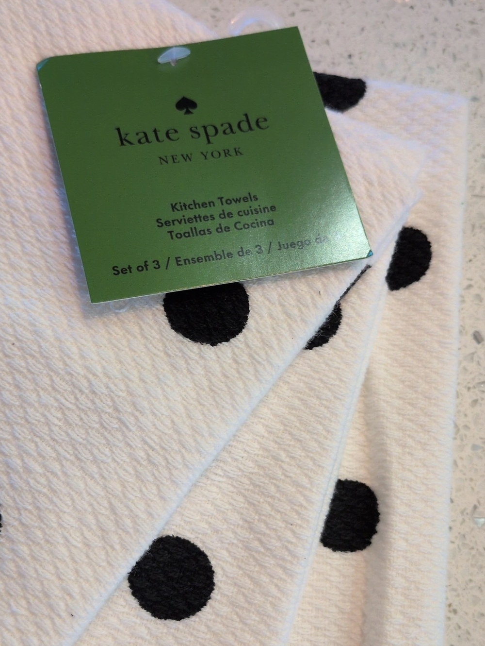 KATE SPADE White and Black Polka Dot Kitchen Towels Qty 3